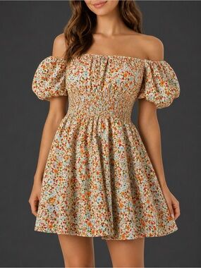 Princess Polly Orange Floral Off-Shoulder Smocked Mini Dress